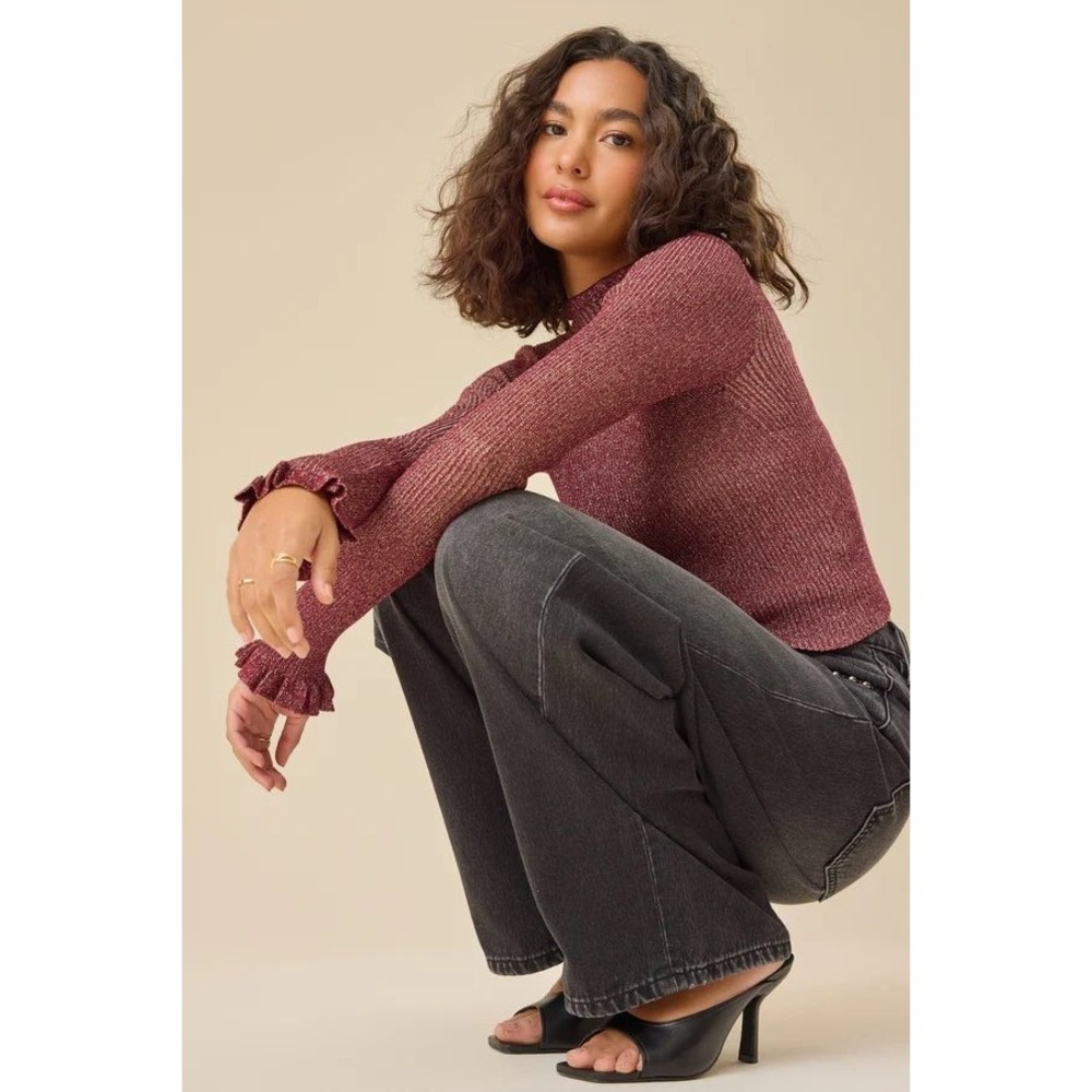 Altard State Wine Metallic Ribbed Ruffle Mock Neck Top Size XXS